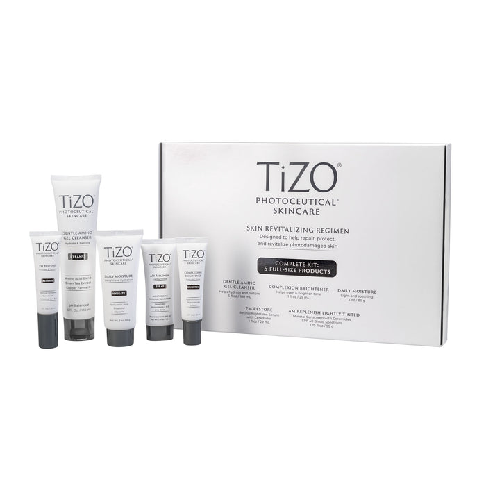 TiZO Photoceutical Skincare Skin Revitalizing Regimen box, TiZO Gentle Amino Gel Cleanser tube, TiZO Complexion Brightener tube, AM Replenish Lightly Tinted tube, TiZO PM Restore tube, and TiZO Daily Moisture tube.