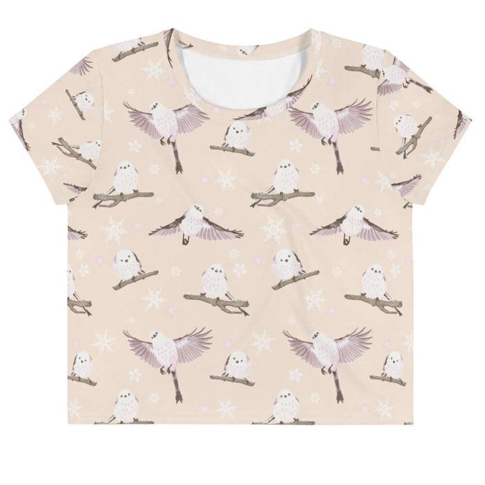 Snow Bird kawaii crop top in soft pastels with perched birds and snowy branches