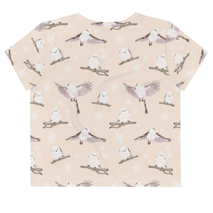 Snow Bird kawaii crop top in soft pastels with mid-flight birds and falling snow