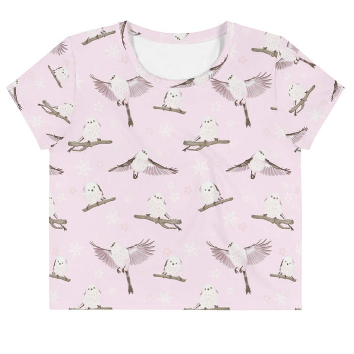 Snow Bird kawaii crop top in powder pink with snow-dusted twigs and sakura petals