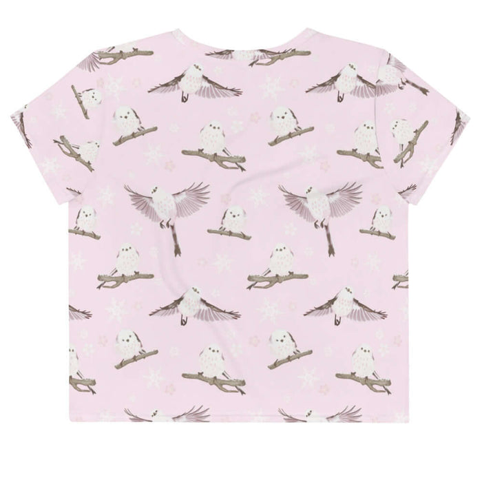 Snow Bird kawaii crop top in powder pink with pink-cheeked enagas and crystalline snowflakes