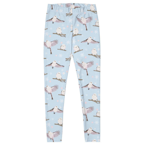 Snow Bird kawaii leggings in soft pastels with fluffy enaga birds and snowflakes