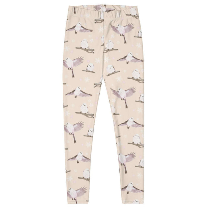 Snow Bird kawaii leggings in soft pastels with perched birds and snowy branches
