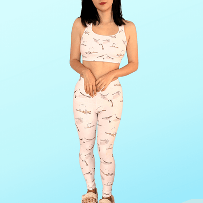 Snow Bird kawaii leggings in soft pastels with fluffy birds and pale blossoms