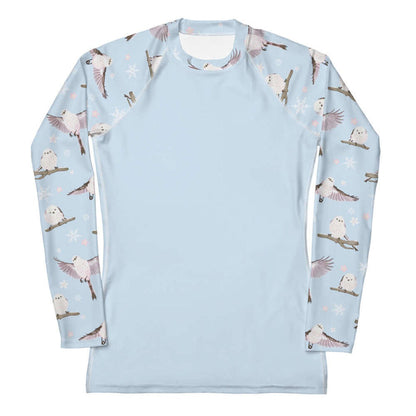 Snow Bird kawaii rash guard in sky blue with fluffy enaga birds and snowflakes