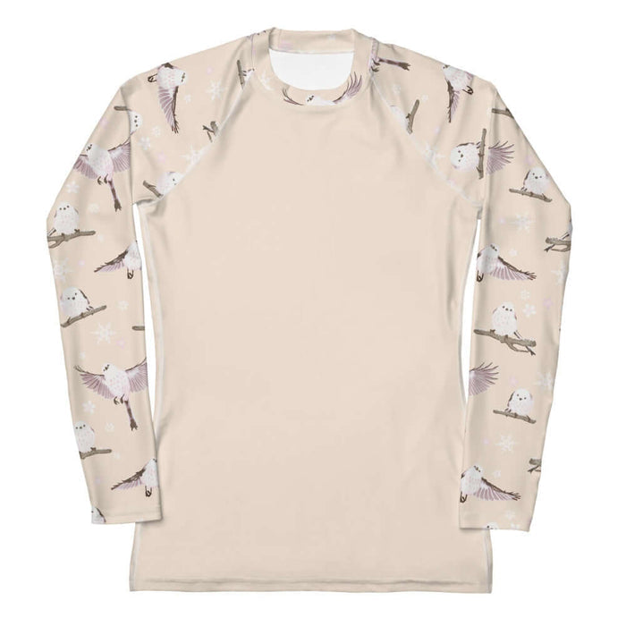 Snow Bird kawaii rash guard in soft pastels with perched birds and snowy branches