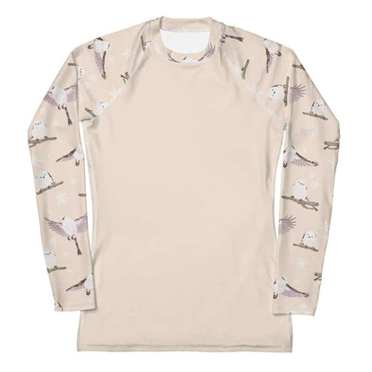 Snow Bird kawaii rash guard in soft pastels with perched birds and snowy branches