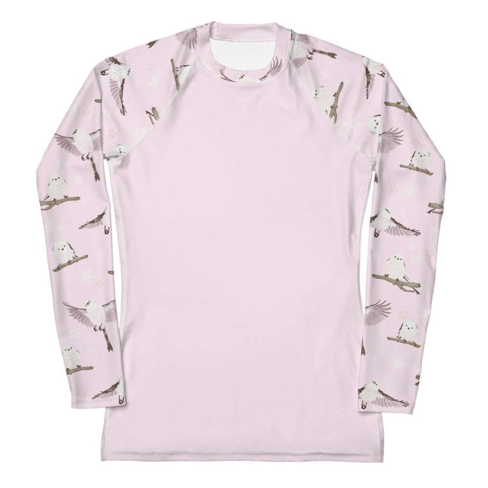 Snow Bird kawaii rash guard in powder pink with snow-dusted twigs and sakura petals