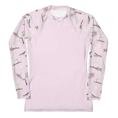 Snow Bird kawaii rash guard in powder pink with snow-dusted twigs and sakura petals