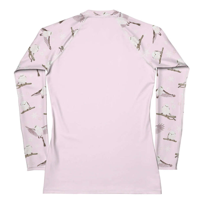 Snow Bird kawaii rash guard in soft pastels with pink-cheeked enagas and crystalline snowflakes