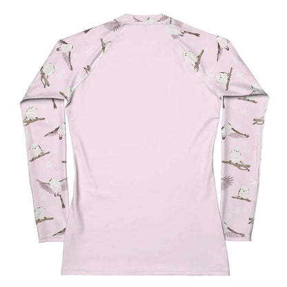 Snow Bird kawaii rash guard in soft pastels with pink-cheeked enagas and crystalline snowflakes