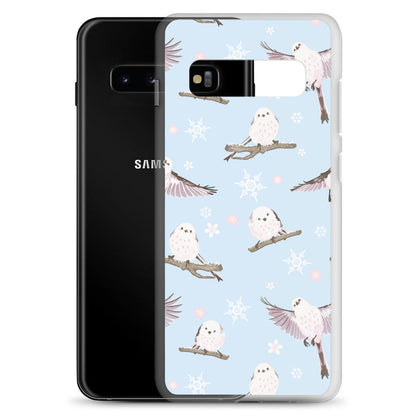 Sleek Snow Bird Samsung® Clear Case featuring cute pastel birds, perfect for winter outings and stylish protection.