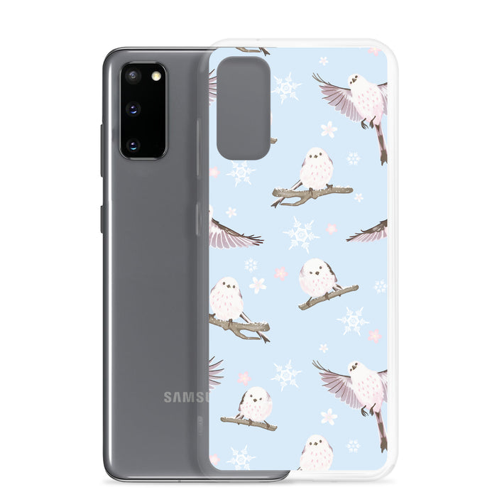 Snow Bird Samsung® Clear Case featuring adorable pastel birds on a light blue background, perfect for winter outings.