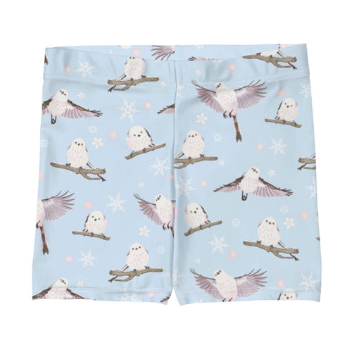 Snow Bird kawaii shorts in sky blue with fluffy enaga birds and snowflakes