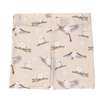 Snow Bird kawaii shorts in soft pastels with perched birds and snowy branches