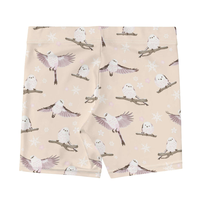Snow Bird kawaii shorts in soft pastels with mid-flight birds and falling snow