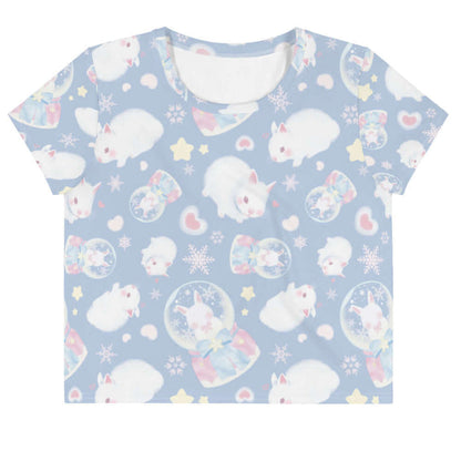 Snow Bunny kawaii crop top in blue with fluffy white bunnies and snow globes