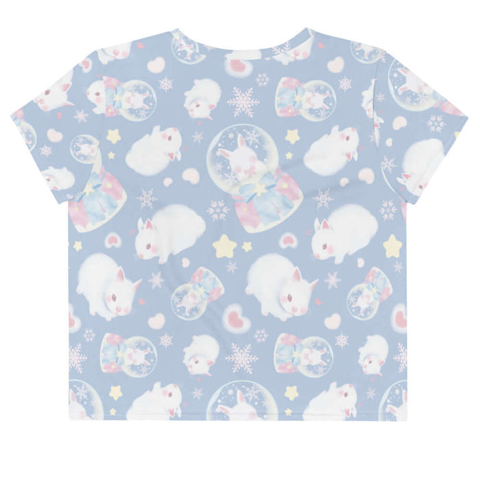 Snow Bunny kawaii crop top in blue with blushing bunnies and blue satin bows