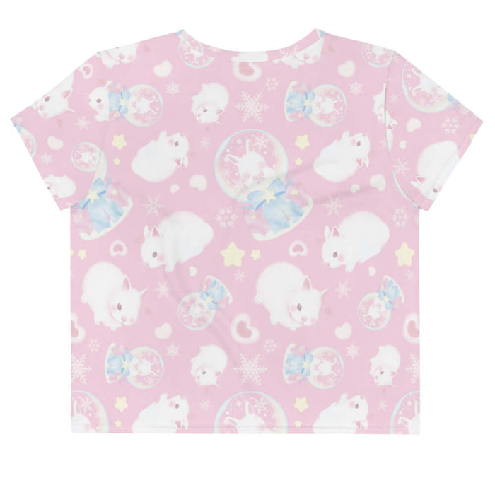 Snow Bunny kawaii crop top in pink with fluffy bunnies and cream stars