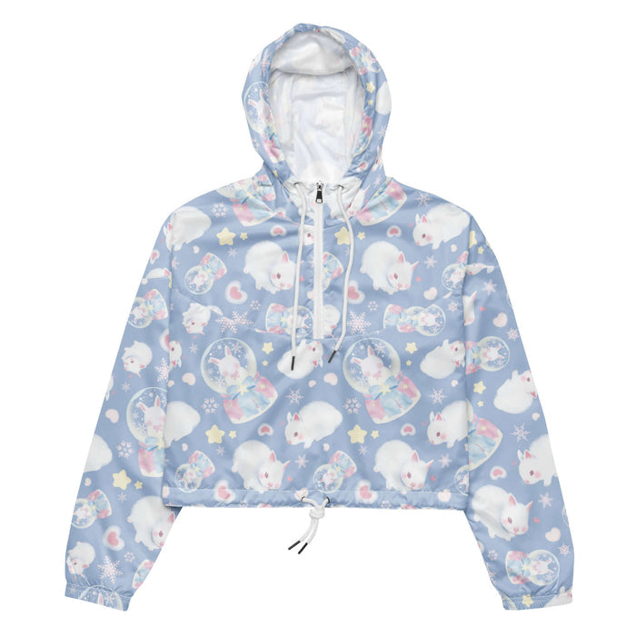Snow Bunny kawaii windbreaker with fluffy white bunnies and snow globes