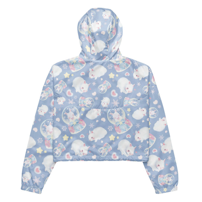 Snow Bunny kawaii windbreaker with blushing bunnies and blue satin bows