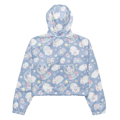 Snow Bunny kawaii windbreaker with blushing bunnies and blue satin bows