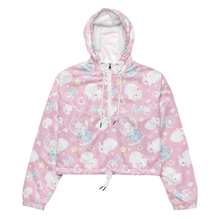 Snow Bunny kawaii windbreaker in pink with snow globes and drifting snowflakes