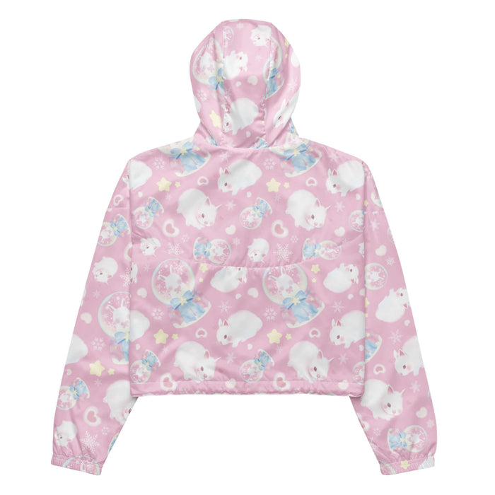 Snow Bunny kawaii windbreaker in pink with fluffy bunnies and cream stars