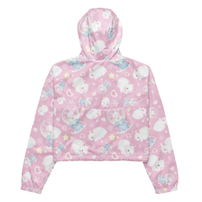 Snow Bunny kawaii windbreaker in pink with fluffy bunnies and cream stars