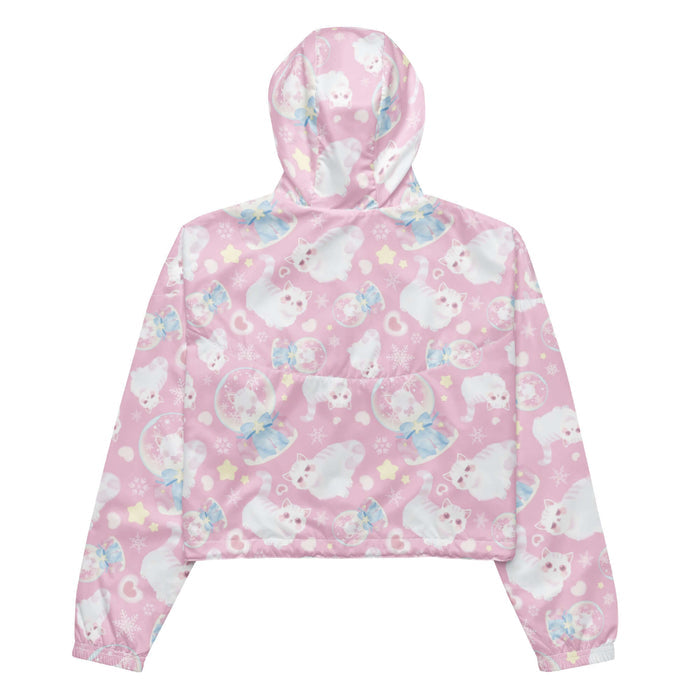 Snow Kitten kawaii windbreaker in pink with blushing kittens and blue and pink bows