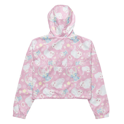 Snow Kitten kawaii windbreaker in pink with blushing kittens and blue and pink bows