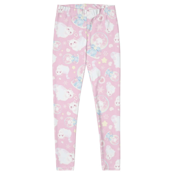 Snow Kitten kawaii leggings in pink with fluffy white kittens and snow globes
