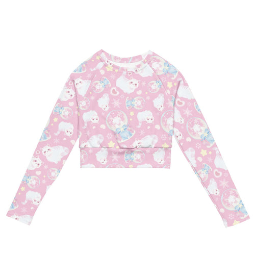 Snow Kitten kawaii long-sleeved crop top with fluffy white kittens and snow globes