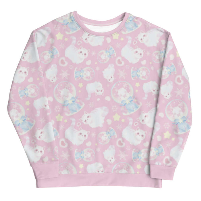 Snow Kitten kawaii sweatshirt in pink with fluffy white kittens and snow globes