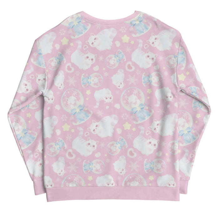 Snow Kitten kawaii sweatshirt with blushing kittens and blue and pink bows