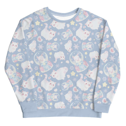 Snow Kitten kawaii sweatshirt with snow globes and drifting snowflakes