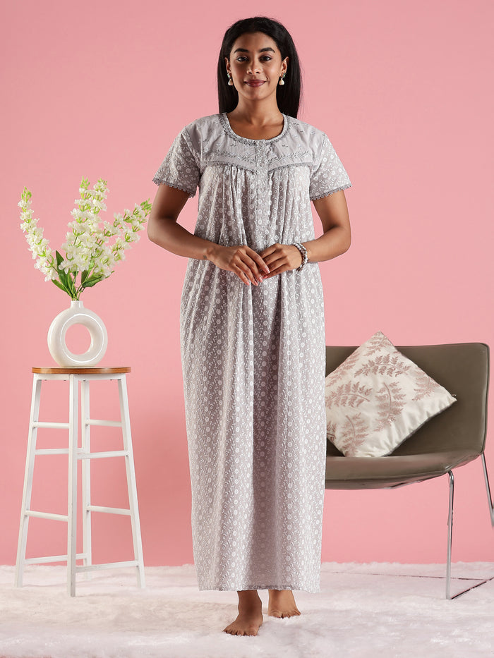 Stylish and Cozy Grey Pure Cotton Nighty for Women