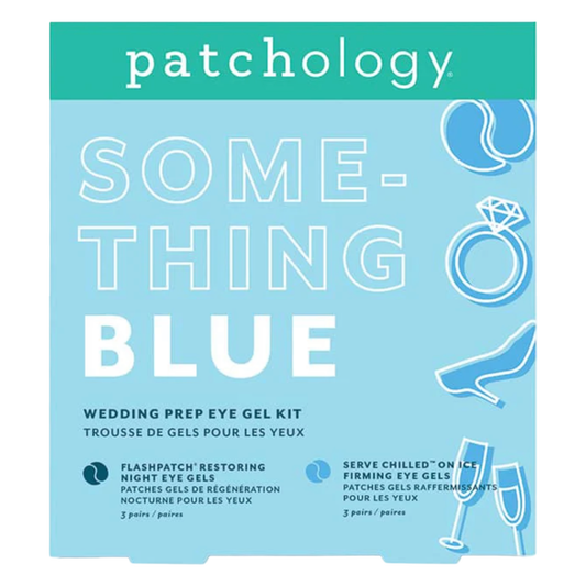 Patchology 'Something Blue' wedding prep eye gel kit packaging on a white background