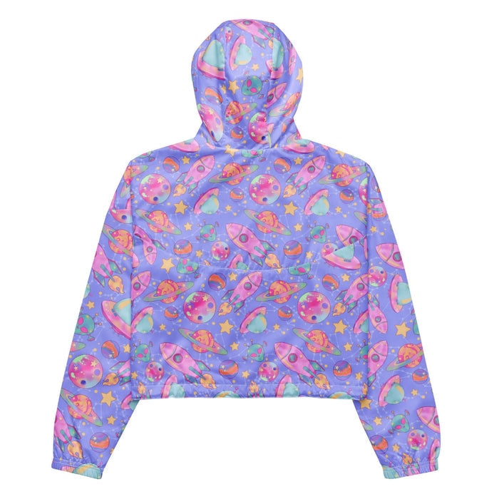 Space kawaii cropped windbreaker in lavender with mint flying saucers and cream stars