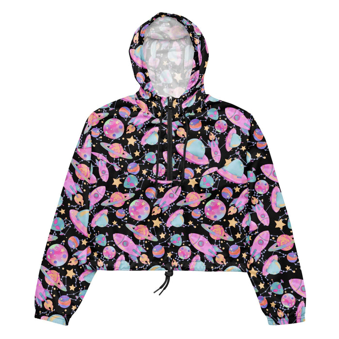 Space kawaii cropped windbreaker in lavender with rainbow-swirled planets and glowing orbs
