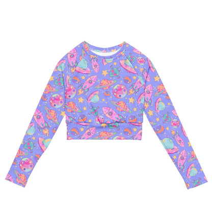 Space kawaii long-sleeved crop top in lavender with pink rockets and ringed Saturns