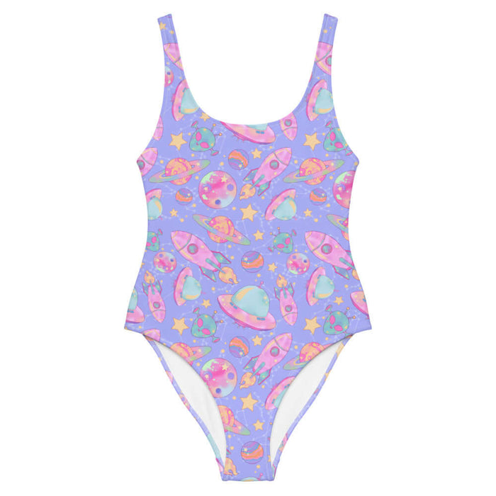 Space kawaii one-piece swimsuit in lavender with pink rockets and ringed Saturns