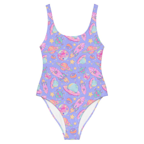 Space kawaii one-piece swimsuit in lavender with pink rockets and ringed Saturns