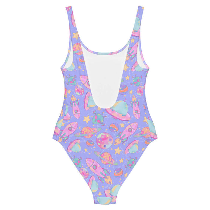 Space kawaii one-piece swimsuit in lavender with mint flying saucers and cream stars