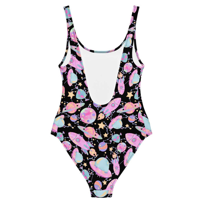 Space kawaii one-piece swimsuit in lavender with mint aliens and crescent moons