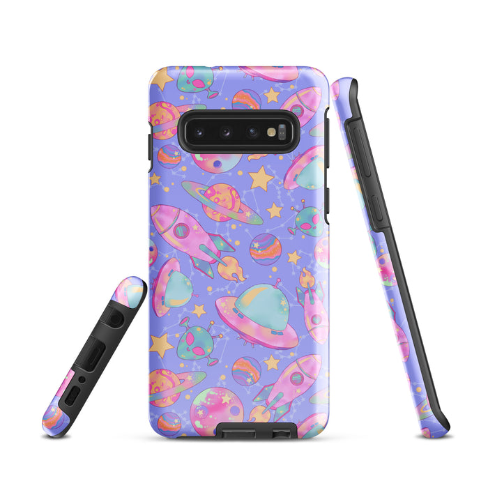 Space kawaii Samsung tough case with a galaxy print of pink rockets and ringed Saturns