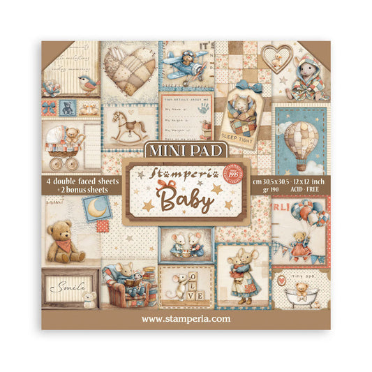 Stamperia - 12X12 Mini Paper Pad - Baby. Includes 6 sheets. Available at Embellish Away located in Bowmanville Ontario Canada.