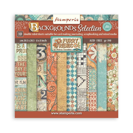 Stamperia - 8X8 Backgrounds Paper Pad - Furry Friends. Includes 10 Double Sided Sheets. Available at Embellish Away located in Bowmanville Ontario Canada.