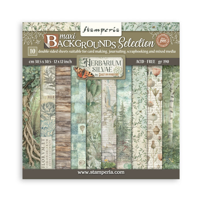 Stamperia - Backgrounds Double-Sided Paper Pad 12"X12" - 10/Pkg - Herbarium Silvae. Available at embellish Away located in Bowmanville Ontario Canada.