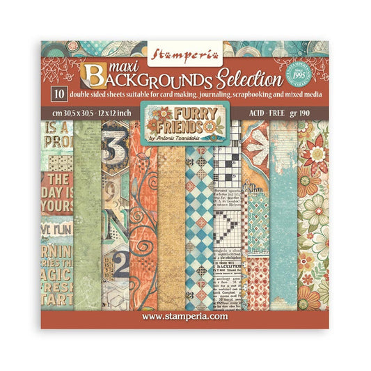 Stamperia - Maxi Backgrounds Double-Sided Paper Pad 12"X12" - 10/Pkg - Furry Friends. Available at Embellish Away located in Bowmanville Ontario Canada.